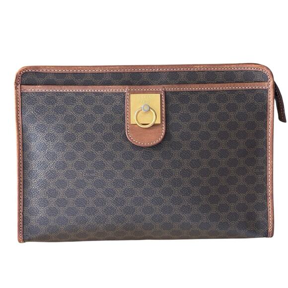 Authentic CELINE Macadam Blason Pattern Clutch Hand Bag PVC Leather Brown Pckts - Picture 1 of 16